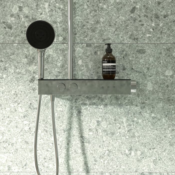 Ideal Standard Solos Duschsystem mit Aufputz-Brausethermostat Ceratherm Navigo® mit Ablage, Kopfbrause mit LED-Leuchtring, 3-Funktions-Hand- & Kopfbrause