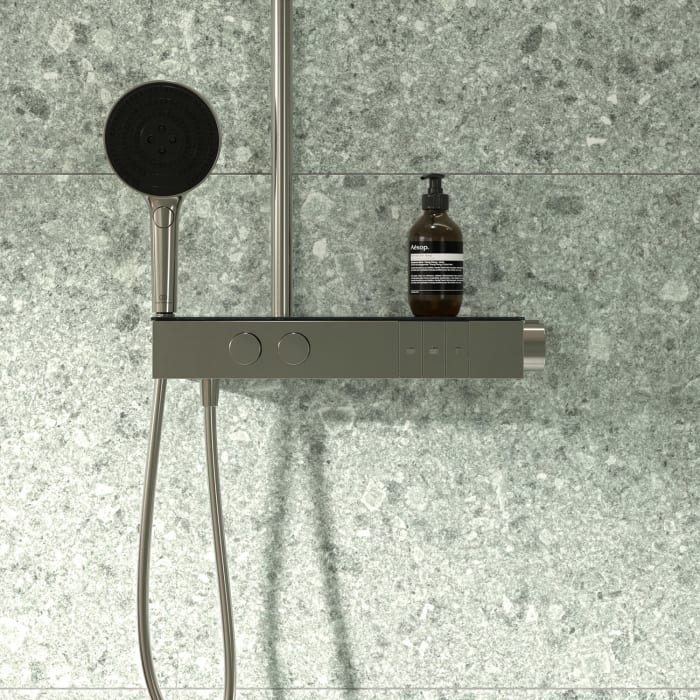 Ideal Standard Solos Duschsystem mit Aufputz-Brausethermostat Ceratherm Navigo® mit Ablage, Kopfbrause mit LED-Leuchtring, 3-Funktions-Hand- & Kopfbrause