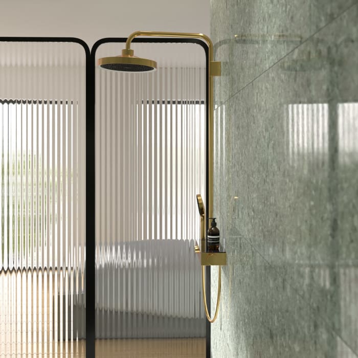 Ideal Standard Solos Duschsystem mit Aufputz-Brausethermostat Ceratherm Navigo® mit Ablage, Kopfbrause mit LED-Leuchtring, 3-Funktions-Hand- & Kopfbrause