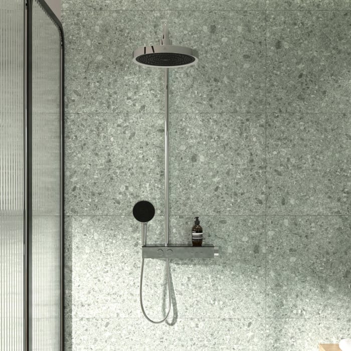 Ideal Standard Solos Duschsystem mit Aufputz-Brausethermostat Ceratherm Navigo® mit Ablage, Kopfbrause mit LED-Leuchtring, 3-Funktions-Hand- & Kopfbrause