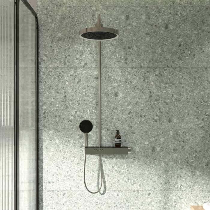 Ideal Standard Solos Duschsystem mit Aufputz-Brausethermostat Ceratherm Navigo® mit Ablage, Kopfbrause mit LED-Leuchtring, 3-Funktions-Hand- & Kopfbrause