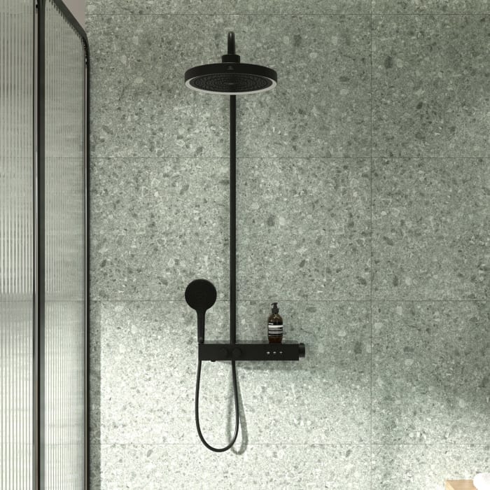 Ideal Standard Solos Duschsystem mit Aufputz-Brausethermostat Ceratherm Navigo® mit Ablage, Kopfbrause mit LED-Leuchtring, 3-Funktions-Hand- & Kopfbrause