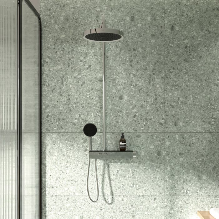 Ideal Standard Solos Duschsystem mit Aufputz-Brausethermostat Ceratherm Navigo® mit Ablage, Kopfbrause mit LED-Leuchtring,  3-Funktions-Handbrause