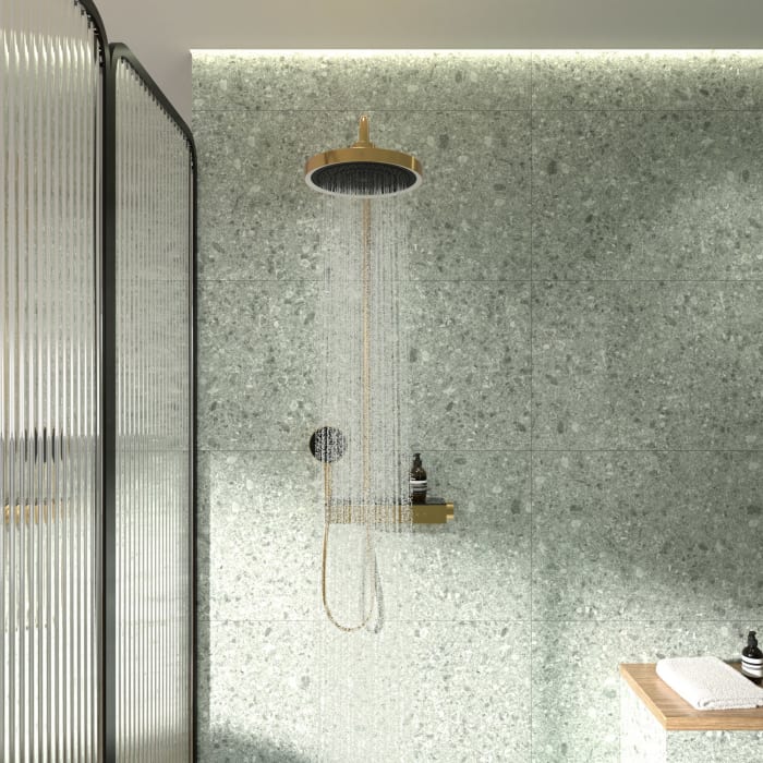 Ideal Standard Solos Duschsystem mit Aufputz-Brausethermostat Ceratherm Navigo® mit Ablage, Kopfbrause mit LED-Leuchtring, 3-Funktions-Hand- & Kopfbrause