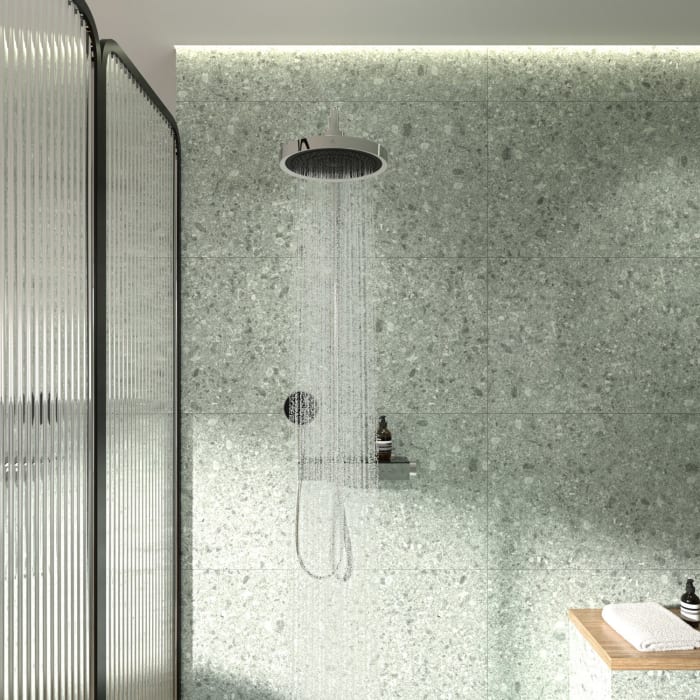 Ideal Standard Solos Duschsystem mit Aufputz-Brausethermostat Ceratherm Navigo® mit Ablage, Kopfbrause mit LED-Leuchtring, 3-Funktions-Hand- & Kopfbrause