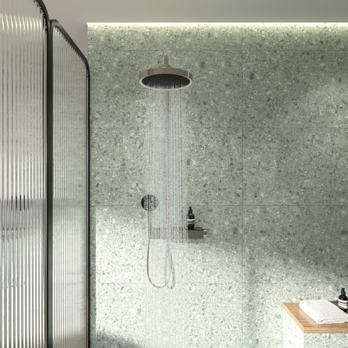 Ideal Standard Solos Duschsystem mit Aufputz-Brausethermostat Ceratherm Navigo® mit Ablage, Kopfbrause mit LED-Leuchtring, 3-Funktions-Hand- & Kopfbrause