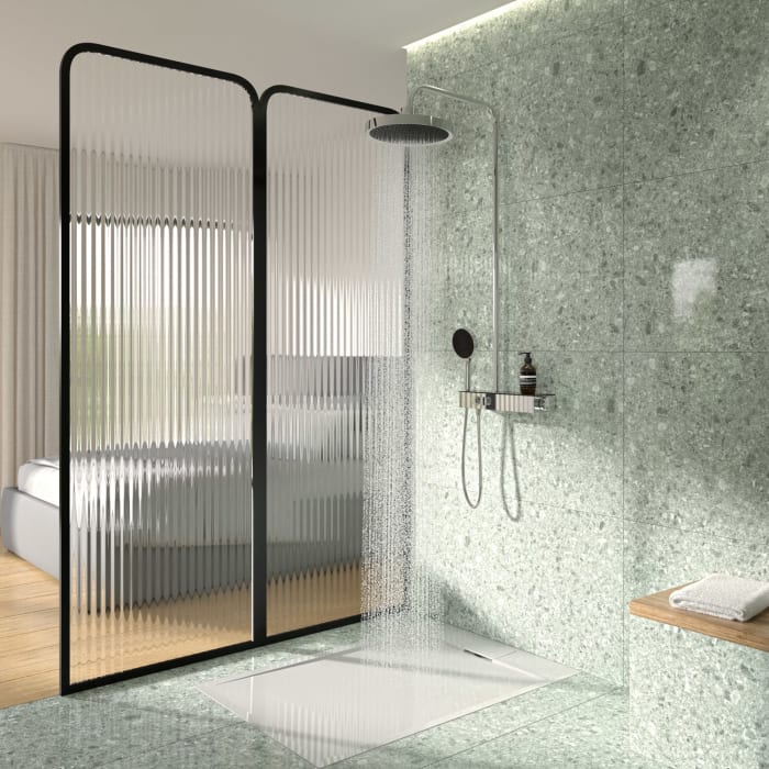 Ideal Standard Solos Duschsystem mit Aufputz-Brausethermostat Ceratherm Navigo® mit Ablage, Kopfbrause mit LED-Leuchtring,  3-Funktions-Handbrause