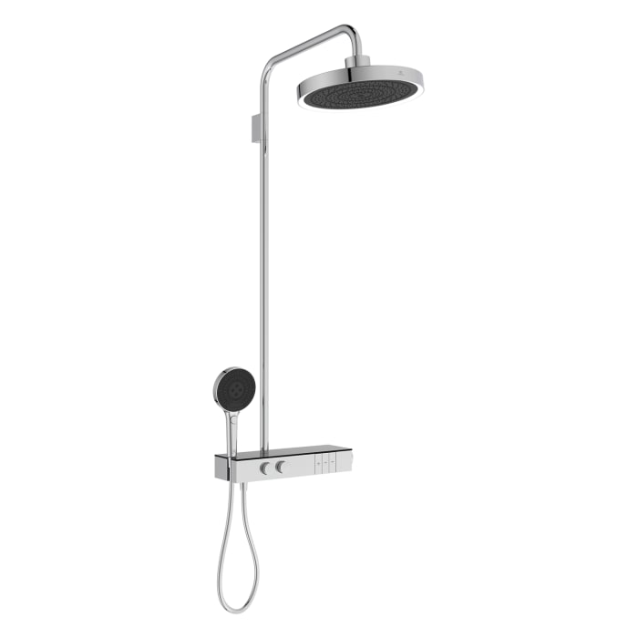 Ideal Standard Solos Duschsystem mit Aufputz-Brausethermostat Ceratherm Navigo® mit Ablage, Kopfbrause mit LED-Leuchtring, 3-Funktions-Hand- & Kopfbrause