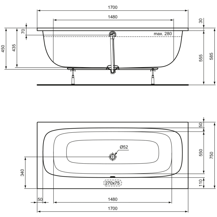 Ideal Standard i.life Duo-Badewanne 170 x 75 cm