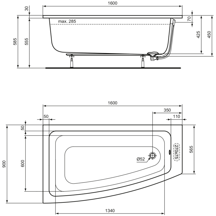 Ideal Standard i.life Raumspar-Badewanne 160 x 90 cm, links