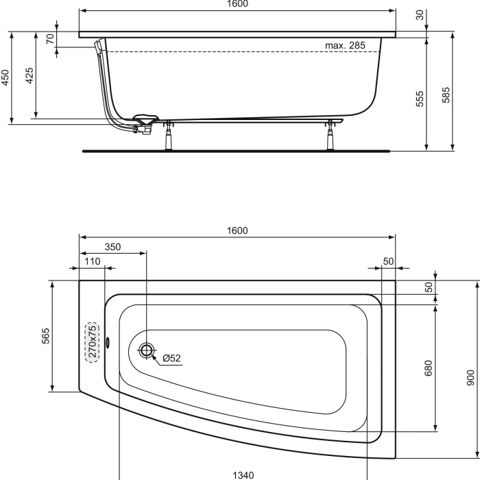 Ideal Standard i.life Raumspar-Badewanne 160 x 90 cm, rechts