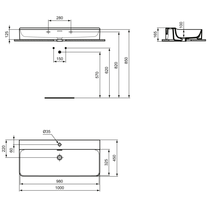 Ideal Standard Conca Waschtisch 100 cm, 1 Hahnloch, mit Überlauf