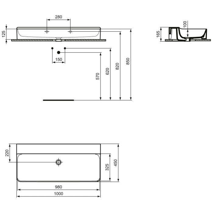 Ideal Standard Conca Waschtisch 100 cm, ohne Hahnloch, ohne Überlauf