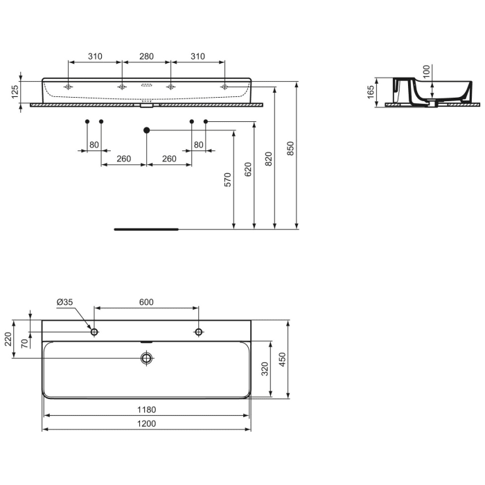 Ideal Standard Conca Waschtisch 120 cm, 2 Hahnlöcher, mit Überlauf