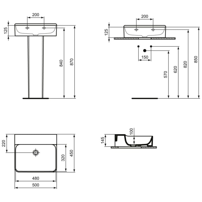 Ideal Standard Conca Waschtisch 50 cm, ohne Hahnloch, ohne Überlauf