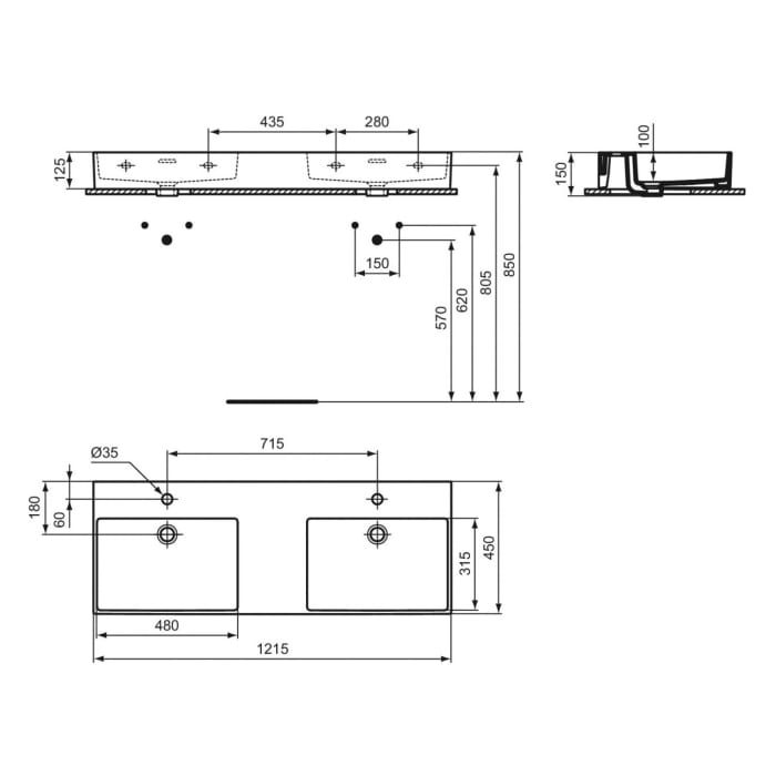 Ideal Standard Extra Doppel-Waschtisch 121,5 cm, je 1 Hahnloch mit Überlauf, geschliffen