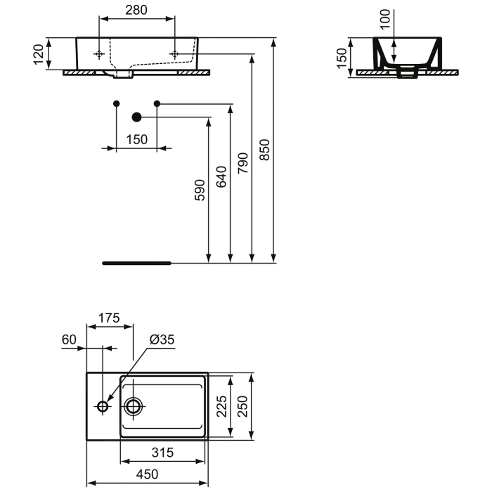 Ideal Standard Extra Handwaschbecken 45 cm, Hahnbank links, 1 Hahnloch, mit Überlauf