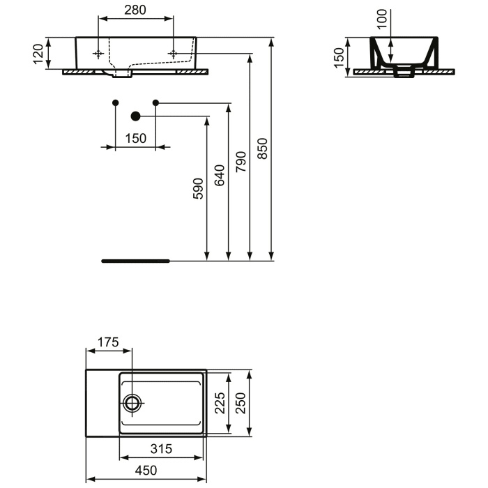 Ideal Standard Extra Handwaschbecken 45 cm, Hahnbank links, ohne Hahnloch, mit Überlauf