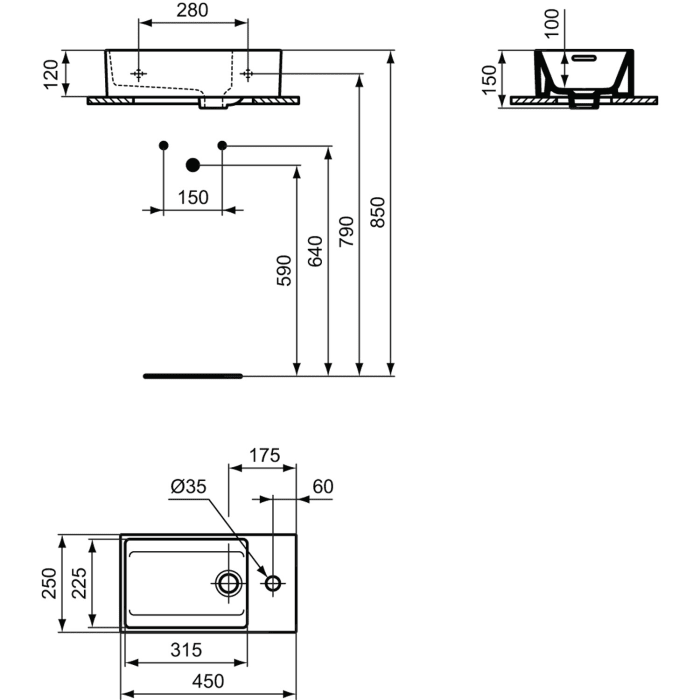 Ideal Standard Extra Handwaschbecken 45 cm, Hahnbank rechts, 1 Hahnloch, mit Überlauf, geschliffen