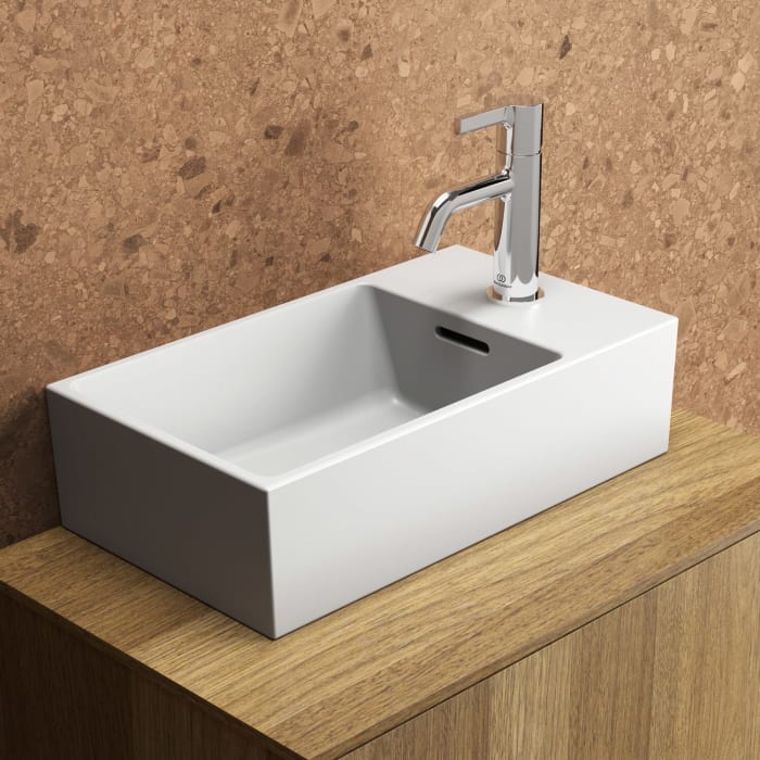 Ideal Standard Extra Handwaschbecken 45 cm, Hahnbank rechts, 1 Hahnloch, mit Überlauf, geschliffen