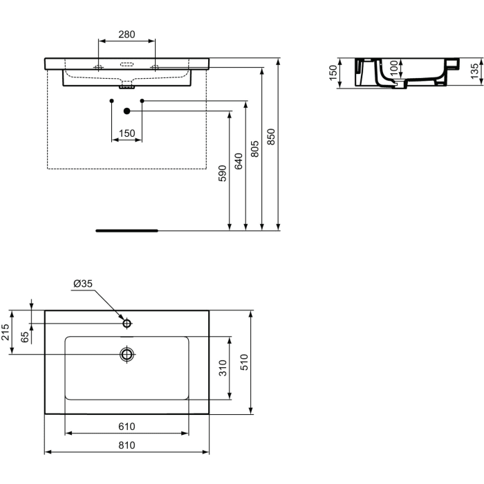 Ideal Standard Extra Möbelwaschtisch, 1 Hahnloch, 81 cm
