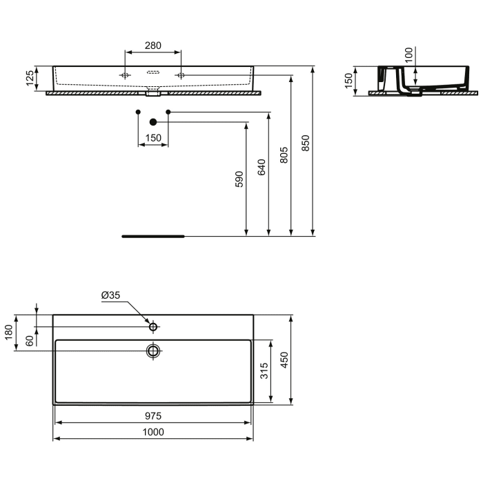 Ideal Standard Extra Waschtisch 100 cm, 1 Hahnloch, mit Überlauf