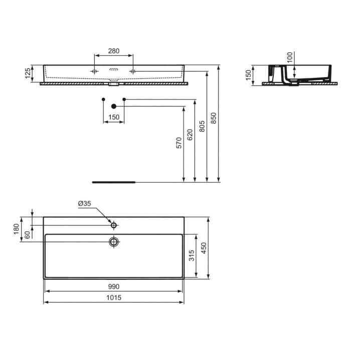 Ideal Standard Extra Waschtisch 101,5 cm, 1 Hahnloch mit Überlauf, geschliffen