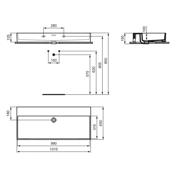 Ideal Standard Extra Waschtisch 101,5 cm, ohne Hahnloch mit Überlauf, geschliffen