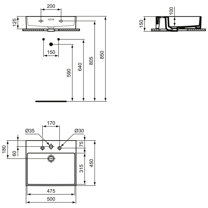 Ideal Standard Extra Waschtisch 50 cm, 3 Hahnlöcher, mit Überlauf