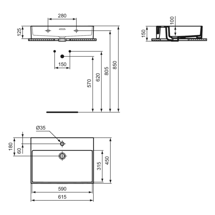 Ideal Standard Extra Waschtisch 61,5 cm, 1 Hahnloch mit Überlauf, geschliffen