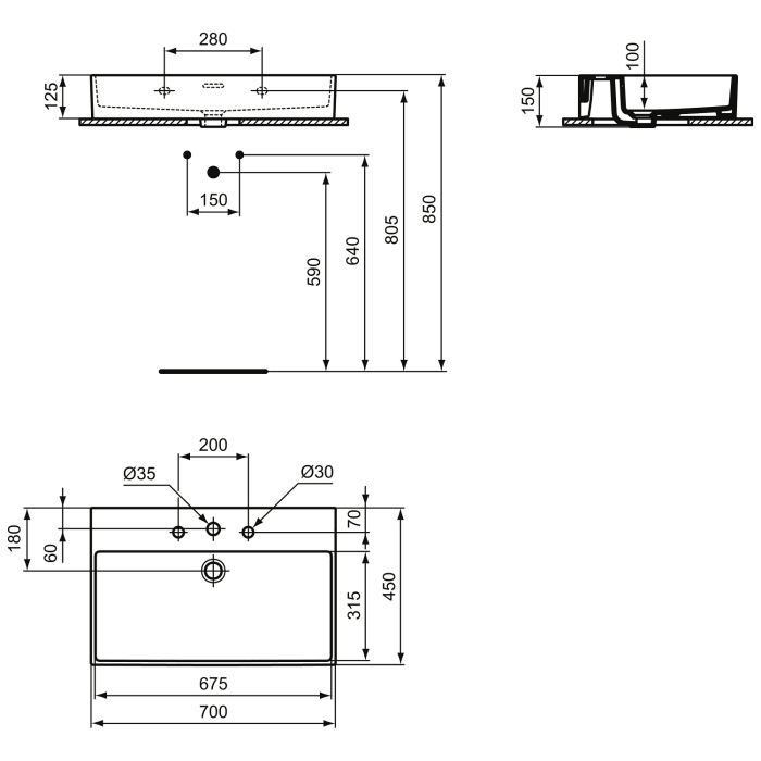 Ideal Standard Extra Waschtisch 70 cm, 3 Hahnlöcher, mit Überlauf