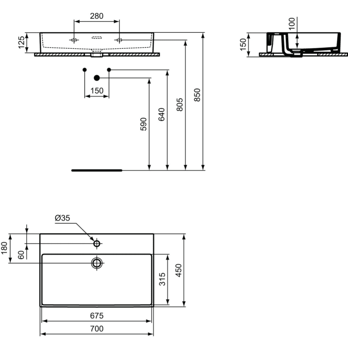 Ideal Standard Extra Waschtisch 70 cm, 1 Hahnloch, mit Überlauf, geschliffen