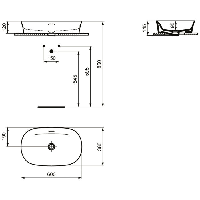 Ideal Standard Ipalyss Aufsatzschale oval mit Überlauf, ohne Hahnloch 60 x 38 cm