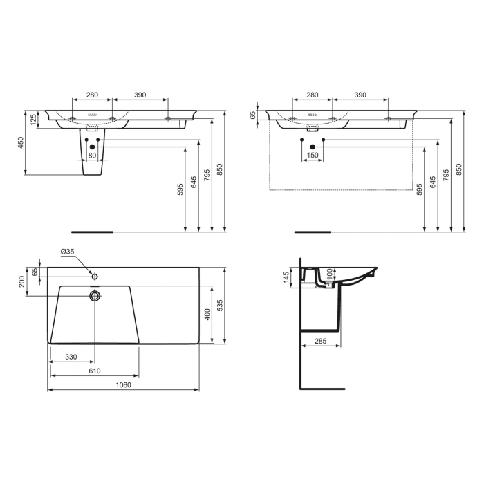 Ideal Standard La Dolce Vita Möbelwaschtisch 106 cm, mit 1 Hahnloch, mit Überlauf, Ablage rechts