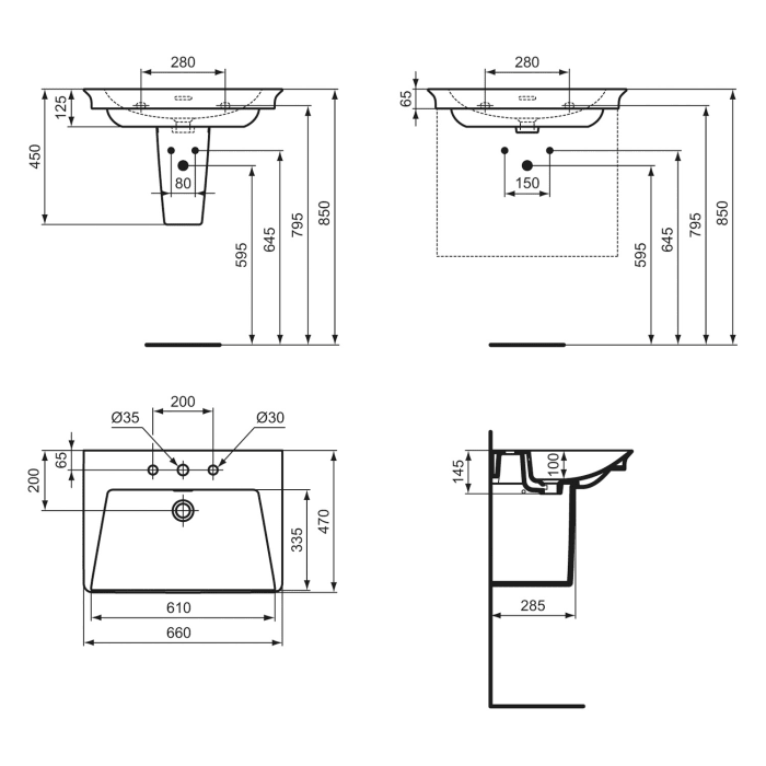 Ideal Standard La Dolce Vita Möbelwaschtisch 66 cm, mit 3 Hahnlöchern, mit Überlauf, mit Ideal Plus