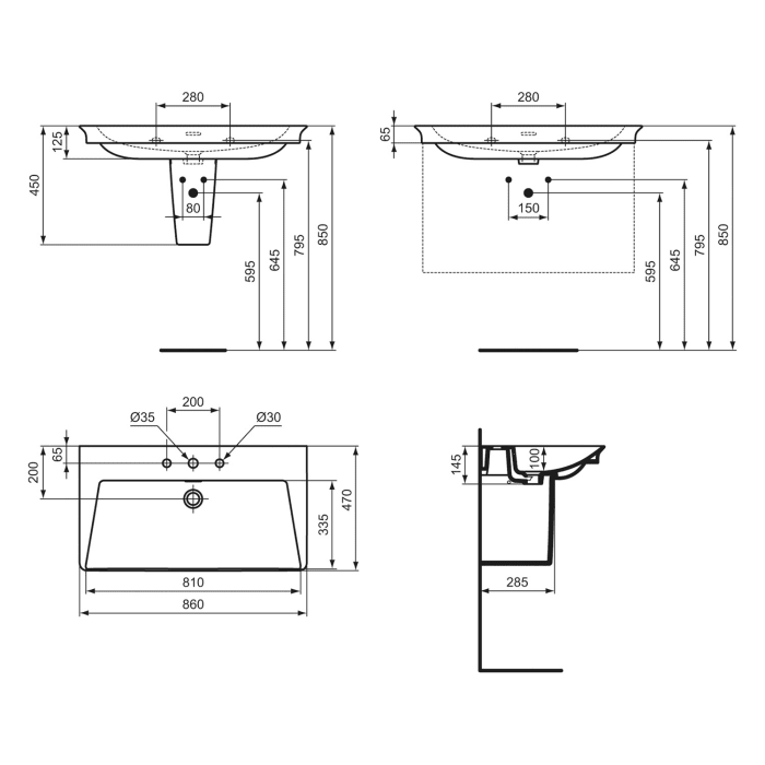 Ideal Standard La Dolce Vita Möbelwaschtisch 86 cm, mit 3 Hahnlöchern, mit Überlauf, mit Ideal Plus