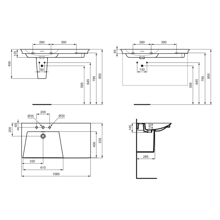 Ideal Standard La Dolce Vita Möbelwaschtisch 106 cm, mit 3 Hahnlöchern, mit Überlauf, Ablage rechts, mit Ideal Plus