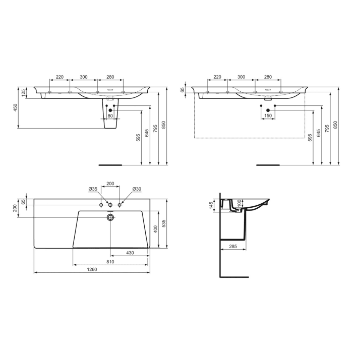 Ideal Standard La Dolce Vita Möbelwaschtisch 126 cm, mit 3 Hahnlöchern, mit Überlauf, Ablage links