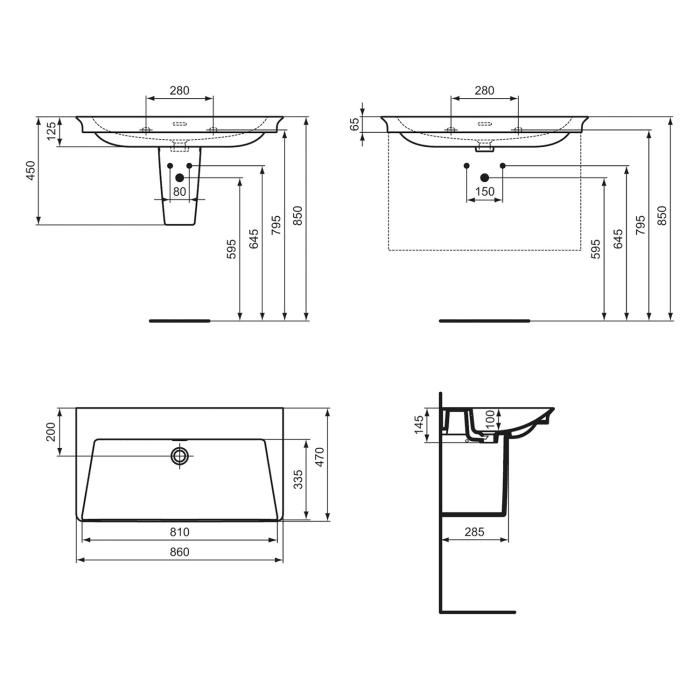 Ideal Standard La Dolce Vita Möbelwaschtisch 86 cm, ohne Hahnloch, mit Überlauf