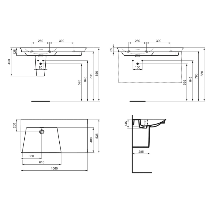 Ideal Standard La Dolce Vita Möbelwaschtisch 106 cm, ohne Hahnloch, mit Überlauf, Ablage rechts, mit Ideal Plus