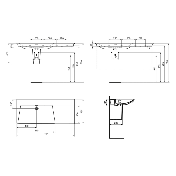 Ideal Standard La Dolce Vita Möbelwaschtisch 126 cm, ohne Hahnloch, mit Überlauf, Ablage rechts, mit Ideal Plus