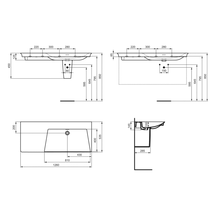 Ideal Standard La Dolce Vita Möbelwaschtisch 126 cm, ohne Hahnloch, mit Überlauf, Ablage links, mit Ideal Plus