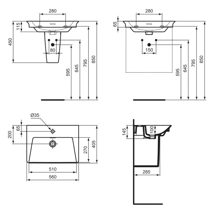 Ideal Standard La Dolce Vita Möbelwaschtisch 56 cm, mit 1 Hahnloch und Überlauf, mit IdealPlus