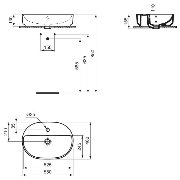 Ideal Standard i.life O Aufsatzwaschtisch 55 x 40 cm mit 1 Hahnloch und Überlauf