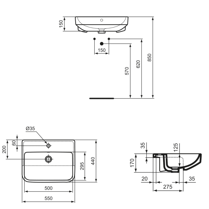 Ideal Standard i.life B Halbeinbauwaschtisch 55 cm, 1 Hahnloch, mit Überlauf