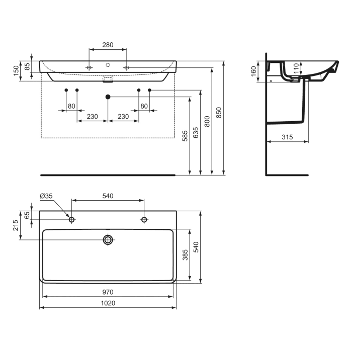Ideal Standard i.life B Möbelwaschtisch 102 cm, 2 Hahnlöcher, mit Überlauf