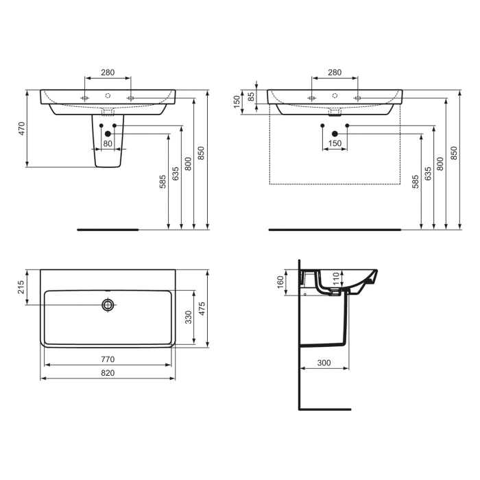 Ideal Standard i.life B Möbelwaschtisch 82 cm, ohne Hahnloch, mit Überlauf