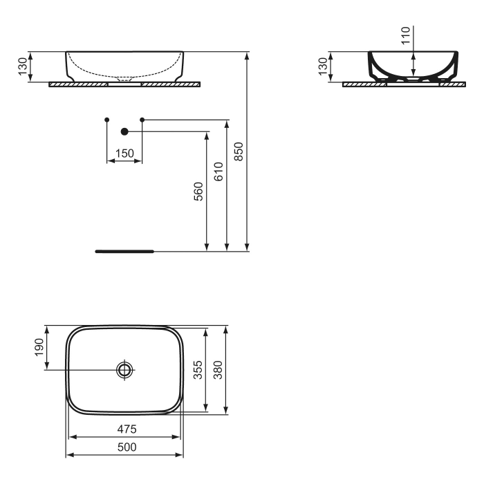 Ideal Standard i.life B Schale 50 cm, ohne Hahnloch, ohne Überlauf