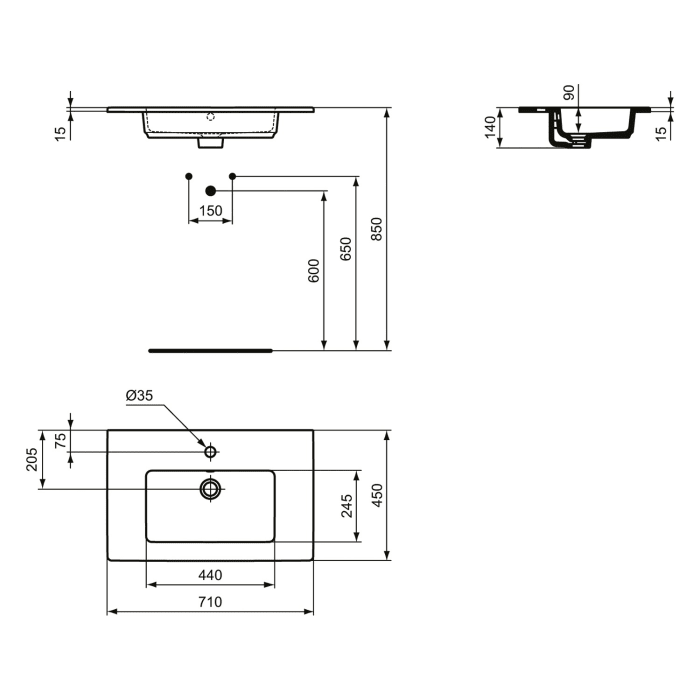 Ideal Standard Eurovit Möbelwaschtisch 1 Hahnloch mit Überlauf 71 x 45 cm