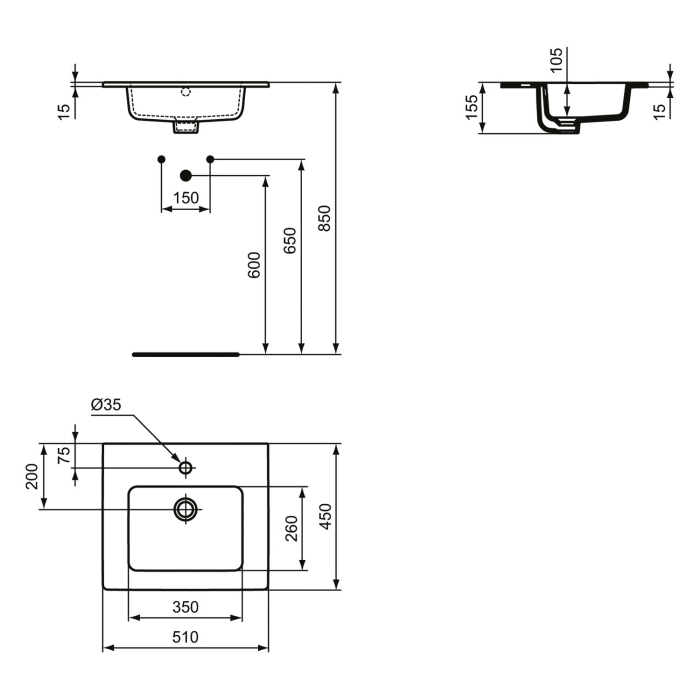Ideal Standard Eurovit Möbelwaschtisch 1 Hahnloch mit Überlauf 51 x 45 cm